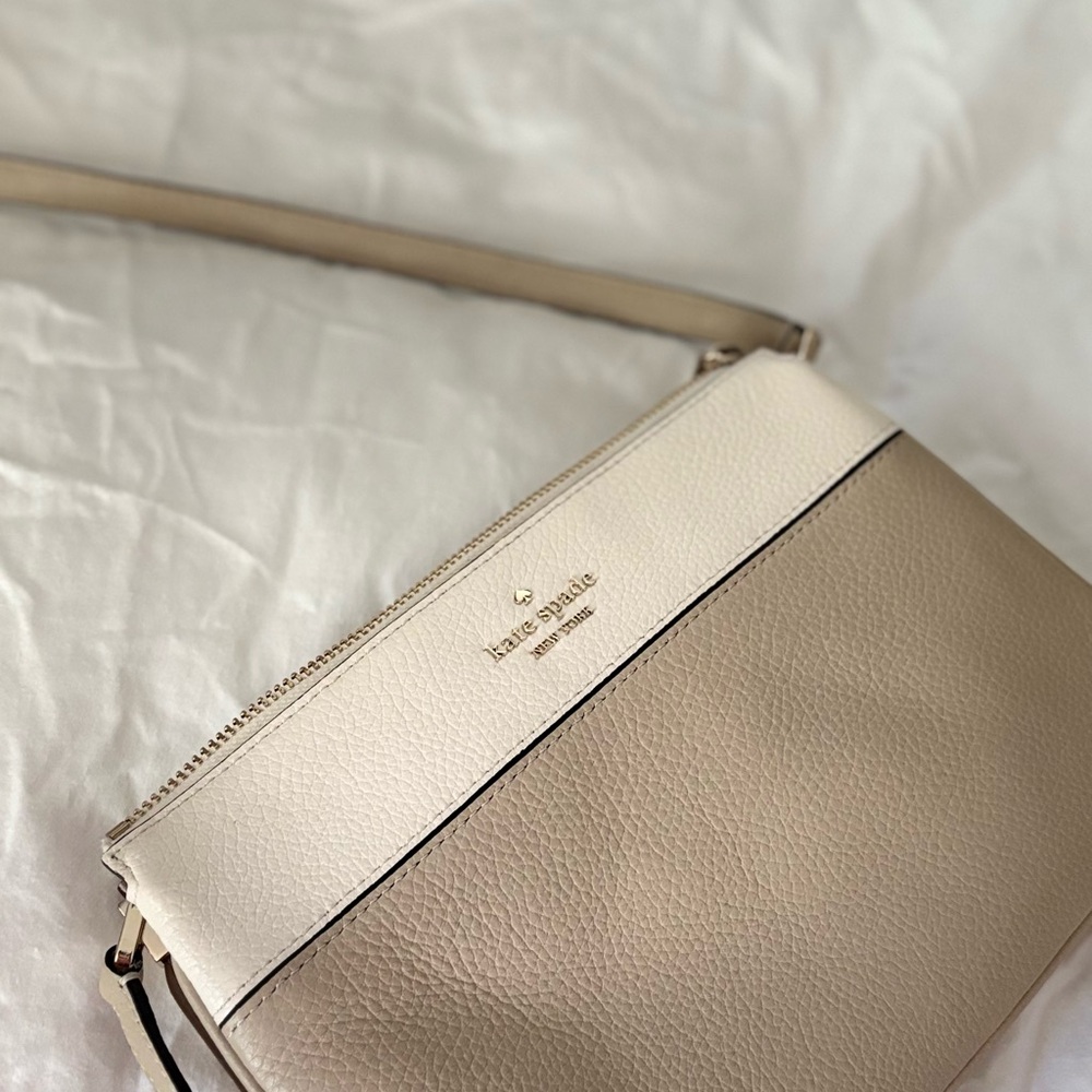 Kate Spade Leila Cream and Tan Triple Gusset Crossbody Bag with Pebbled Leather